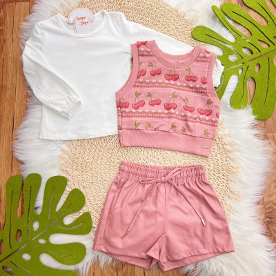 Conj. Colete Cerejinhas, Blusa Manga Longa e Short - Rose